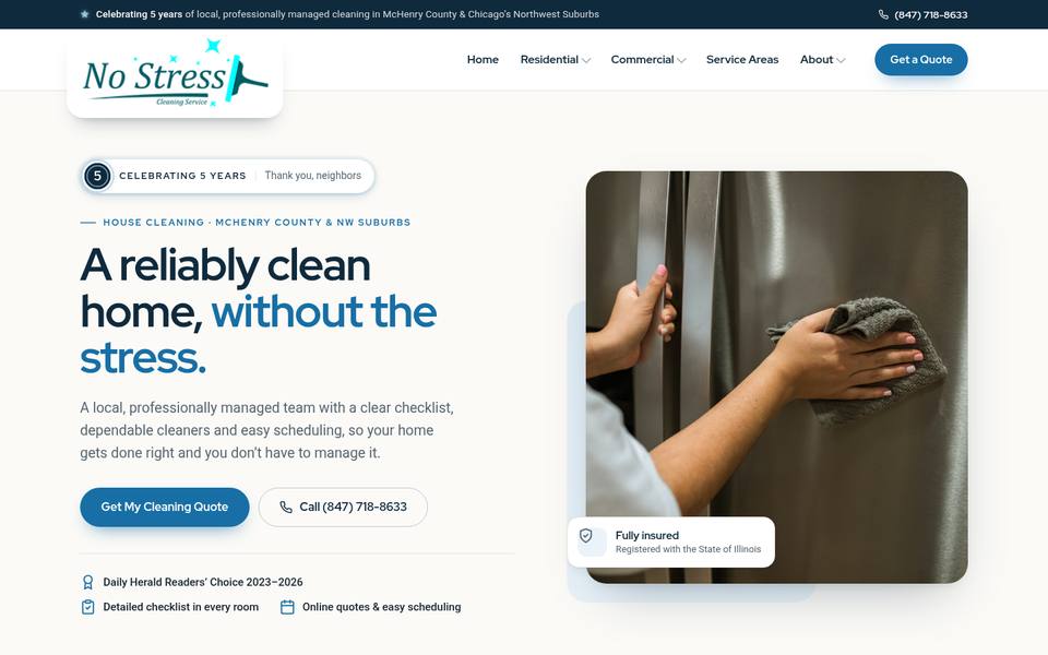 Homepage of nostresscleaning.com, redesigned by 3 Fold Digital