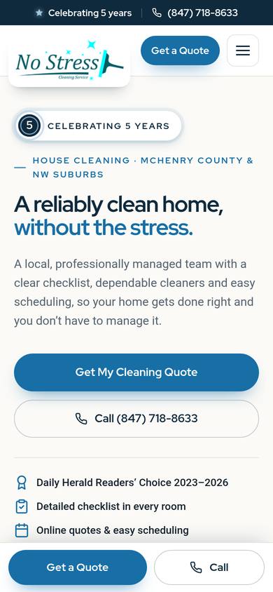 Mobile homepage of nostresscleaning.com, redesigned by 3 Fold Digital