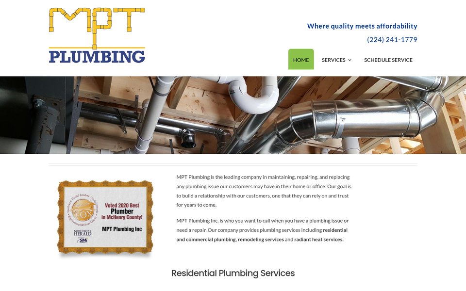 MPT Plumbing Inc. website homepage on a desktop screen