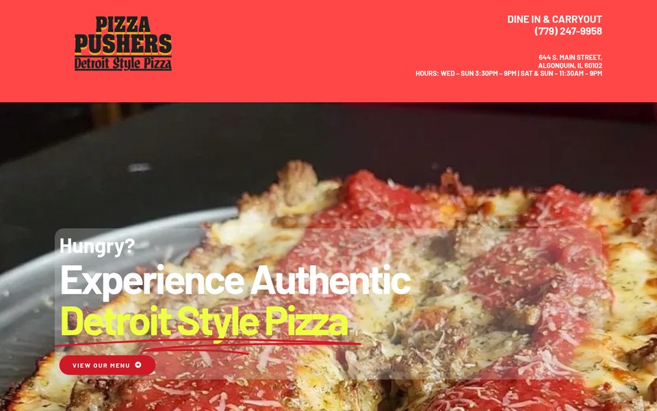 Pizza Pushers website homepage on a desktop screen